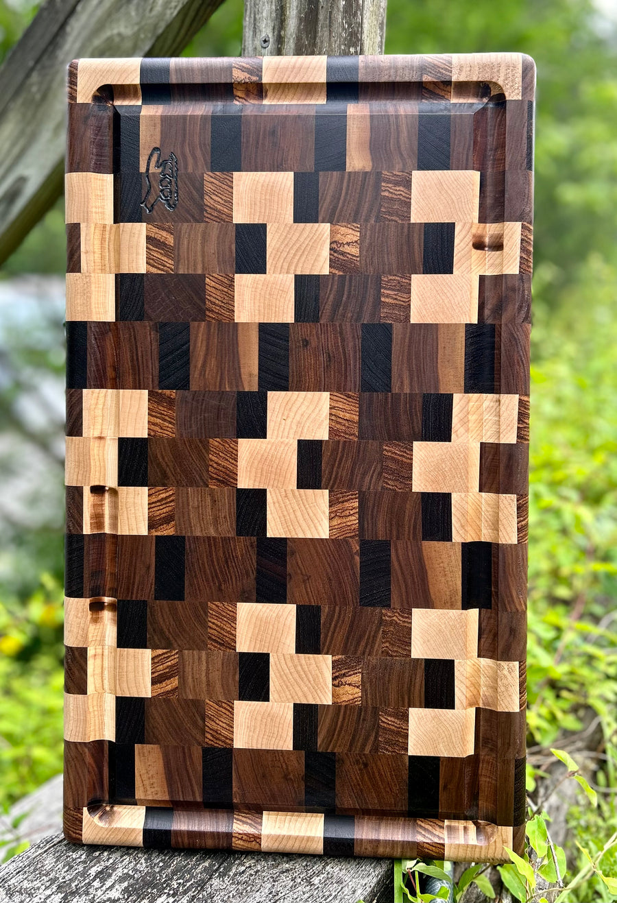 Foxcreek Baskets Cutting Board- Dark Exotic Woods End Grain with Walnut, Zebra, Wenge, and Maple Woods with Blood Trail