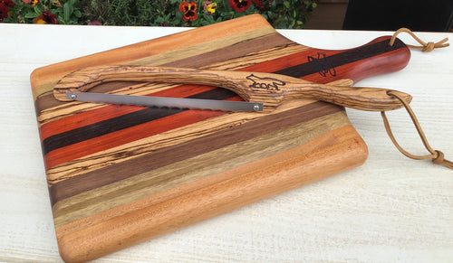 Foxcreek Baskets Cutting board--Exotic Wood Stripes Board and Bow Knife