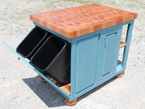 Foxcreek Baskets Farmhouse Island--Distressed Farmhouse Wood Island w/trash and recycle bin