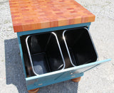 Foxcreek Baskets Farmhouse Island--Distressed Farmhouse Wood Island w/trash and recycle bin, view 3