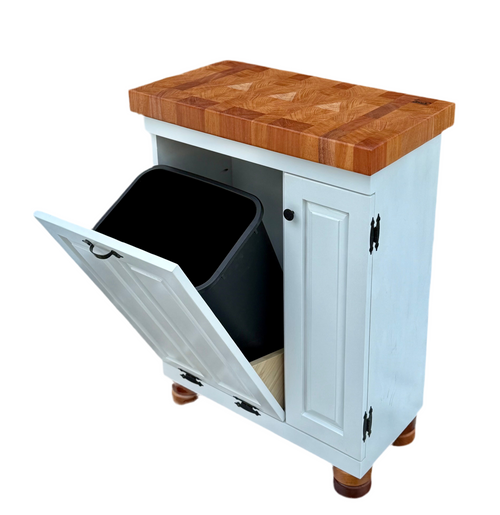 Foxcreek Baskets Farmhouse island-Farmhouse Mini butcher block island w/bun feet and tilt out trash can