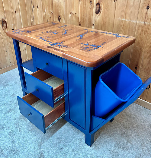 Foxcreek Baskets Island-Fractal Burn Mahogany  Top w/3 drawers and tilt out trash