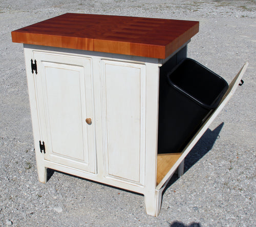 Foxcreek Baskets Farmhouse Island--Small Distressed Wood Island 22 x 34 w/Tilt out Trash Can