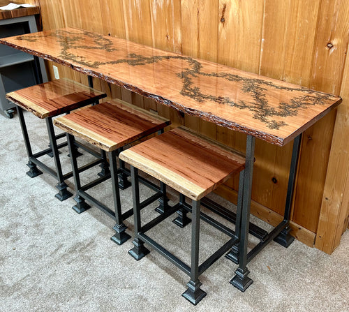 Foxcreek Baskets Live Edge- Fractal Burn Sofa Bar Table with 3 Bar Stools