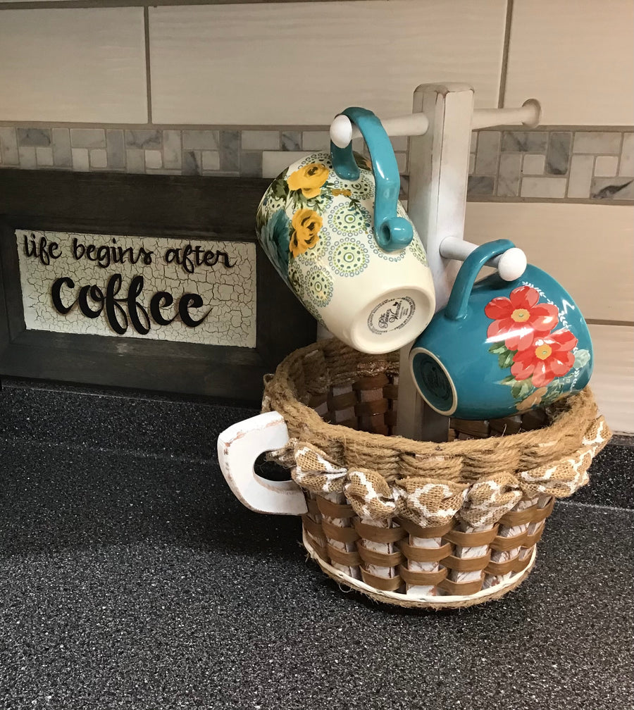 Foxcreek Baskets Coffee Mug Basket--Shabby Chic Collection w/ribbon