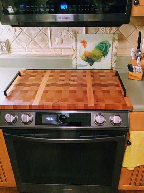 Foxcreek Baskets Stove Top Cover-Mahogany End Grain with handles