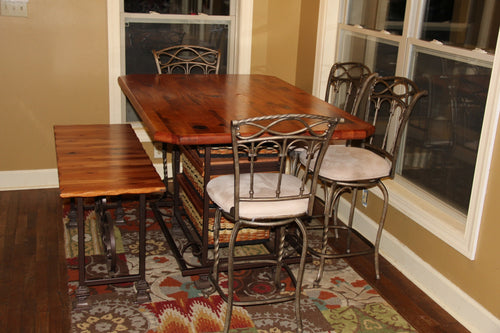 Foxcreek Baskets Table-40x60 distressed mahogany sq. steel frame w/bench and chairs