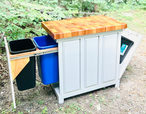 Foxcreek Baskets Triple Trash and Recycle kitchen island with end grain butcher block top, slide out trash and recycle, tilt out trash bin
