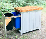 Foxcreek Baskets Triple Trash and Recycle kitchen island with end grain butcher block top, slide out trash and recycle, tilt out trash bin, view 3