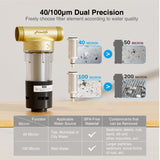 Frizzlife 40&100 Micron Spin Down Sediment Filter with Built-in Scraper, Reusable Whole House Pre-Filter for City/Well Water, Washing Machine, Flushable Filtration, 1"&3/4" NPT, BPA Free, JB40-100, view 4