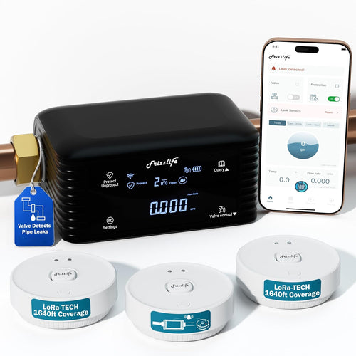 Frizzlife Smart Water Monitor & Automatic Shutoff System with 3 Leak Sensors, LPG365-3S