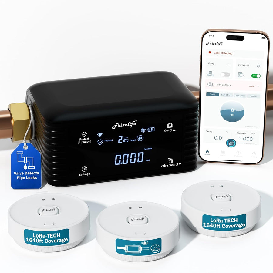 Frizzlife Smart Water Monitor & Automatic Shutoff System with 3 Leak Sensors, LPG365-3S