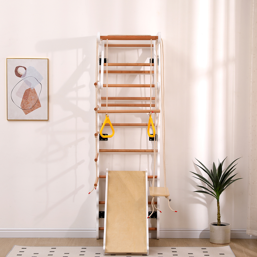 Funphix 8-in-1 Wooden Indoor Jungle Gym Swedish Ladder Playset, (Includes Wooden Swing, Rings, and Rope Ladder) โ White