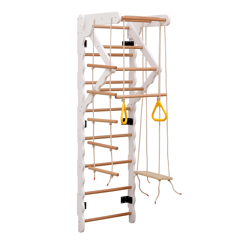Funphix 8-in-1 Wooden Indoor Jungle Gym Swedish Ladder Playset, (Includes Wooden Swing, Rings, and Rope Ladder) – White, view 2