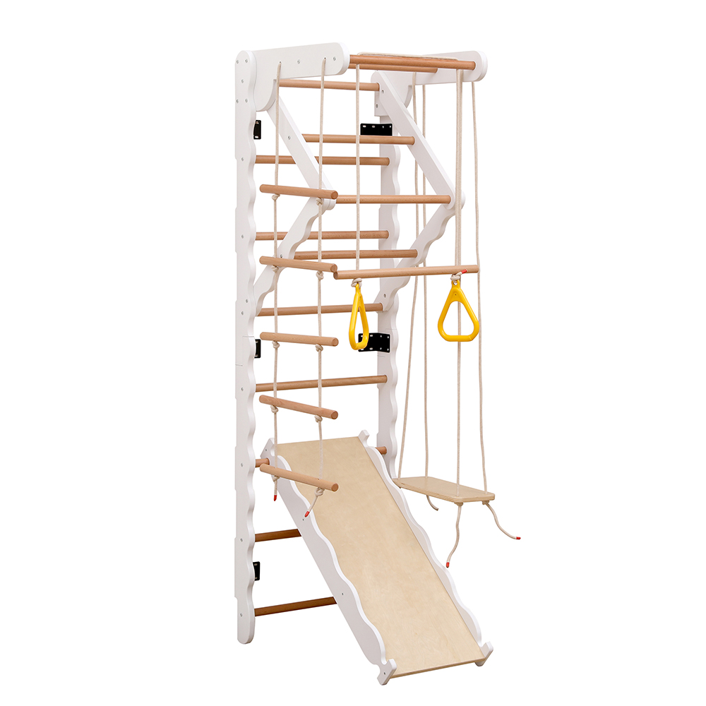 Funphix 8-in-1 Wooden Indoor Jungle Gym Swedish Ladder Playset, (Includes Wooden Swing, Rings, and Rope Ladder) – White, view 3