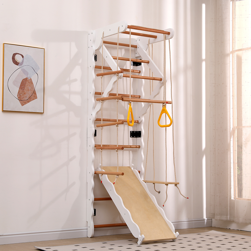 Funphix 8-in-1 Wooden Indoor Jungle Gym Swedish Ladder Playset, (Includes Wooden Swing, Rings, and Rope Ladder) – White, view 4