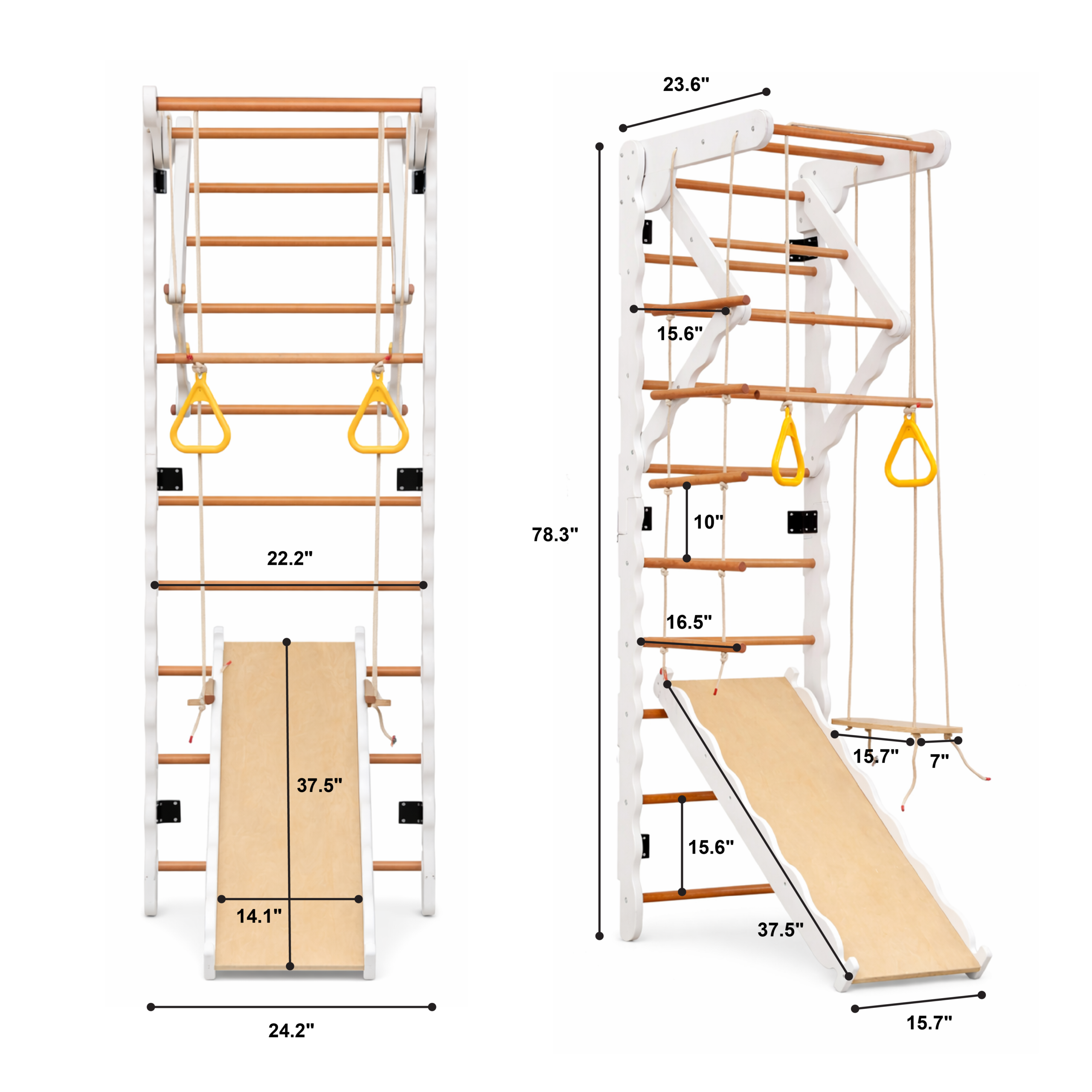Funphix 8-in-1 Wooden Indoor Jungle Gym Swedish Ladder Playset, (Includes Wooden Swing, Rings, and Rope Ladder) – White, view 5