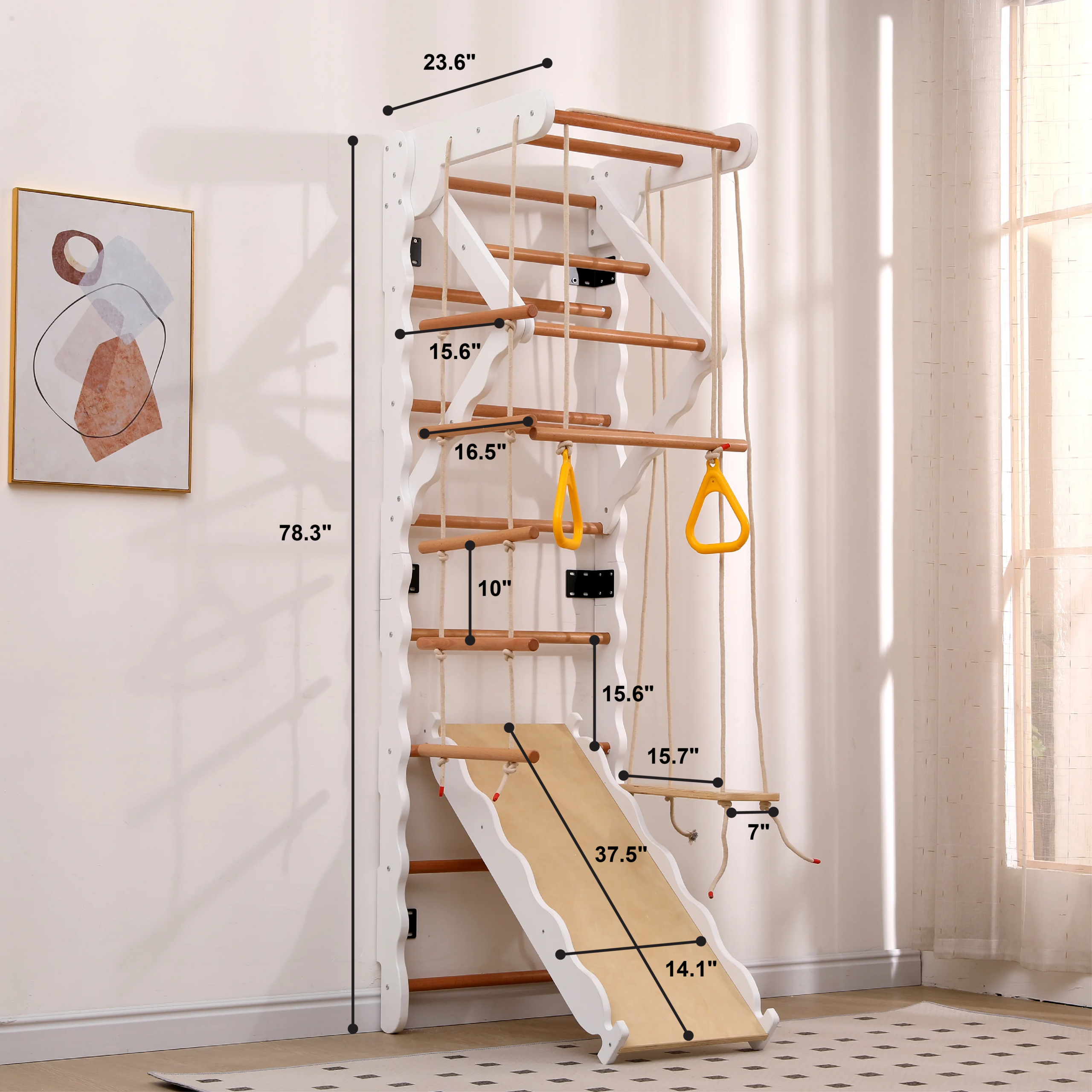 Funphix 8-in-1 Wooden Indoor Jungle Gym Swedish Ladder Playset, (Includes Wooden Swing, Rings, and Rope Ladder) – White, view 6