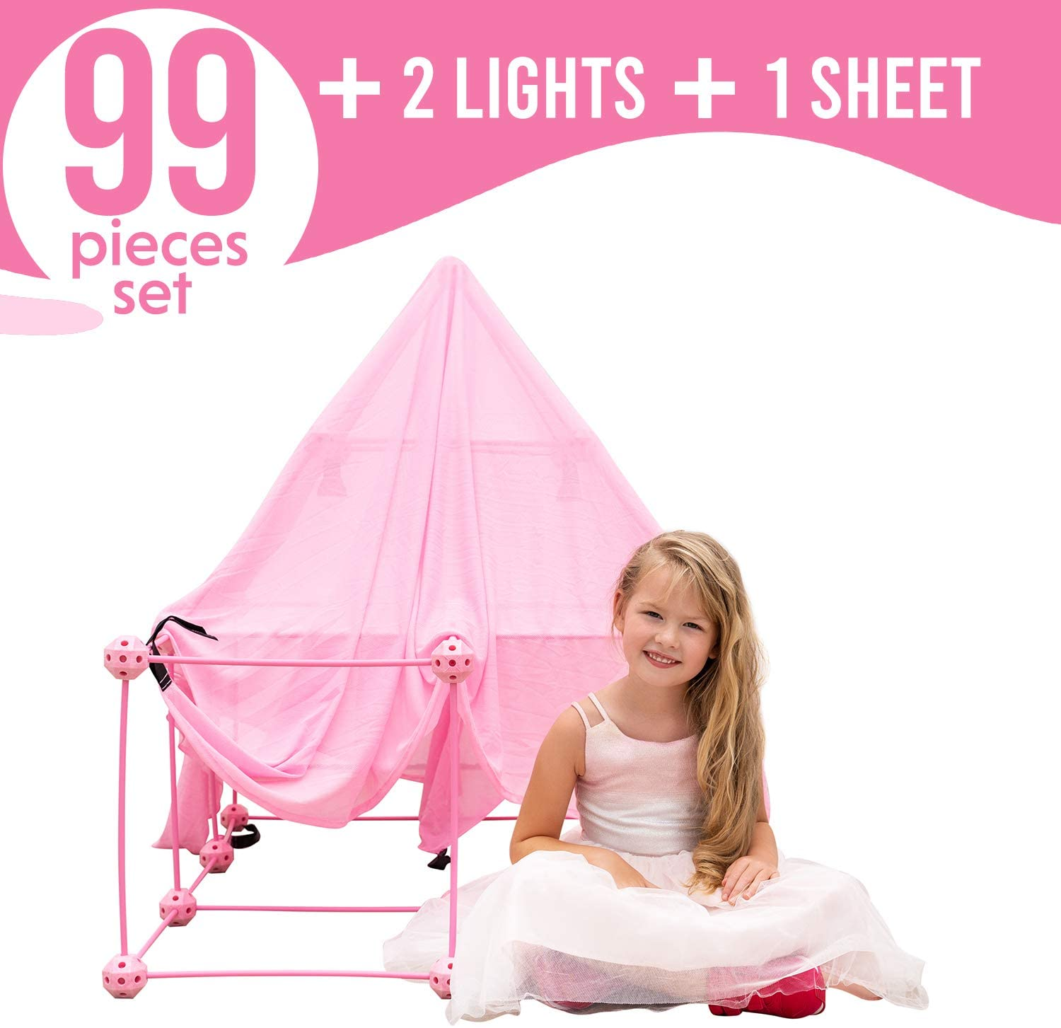 Funphix 99 Pc Princess Castle Kit with Pink Poles, Net Sheet & Lights – Age 5+ Fun Fort Building Toy – Encourages Young Imaginations