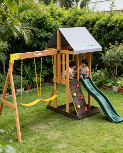 Funphix Backyard Kids Playset with Slide, Climbing Wall & Double Swing