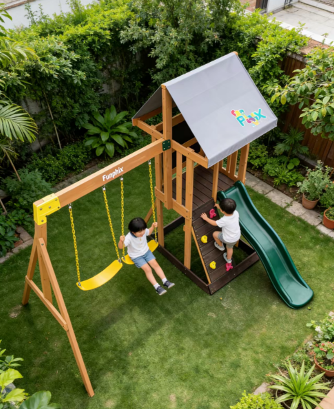 Funphix Backyard Kids Playset with Slide, Climbing Wall & Double Swing, view 2