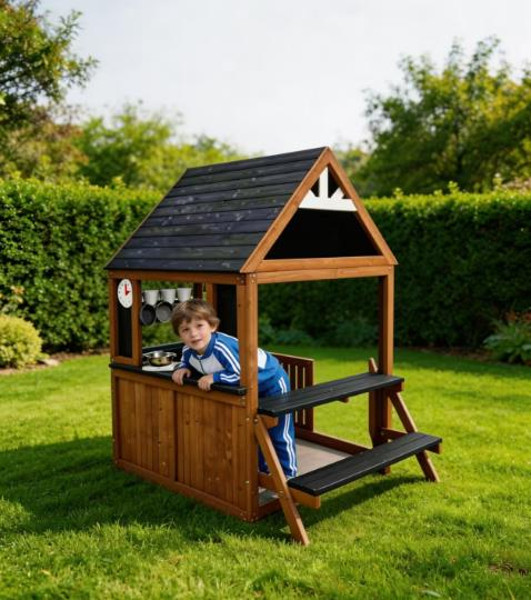 Funphix Cedar Kids Playhouse Kitchen with Picnic Bench