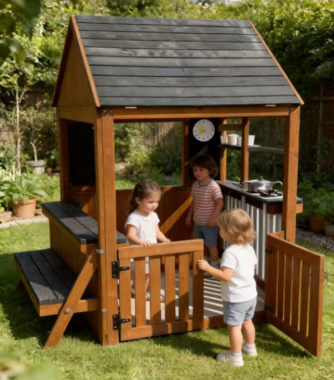 Funphix Cedar Kids Playhouse Kitchen with Picnic Bench, view 5