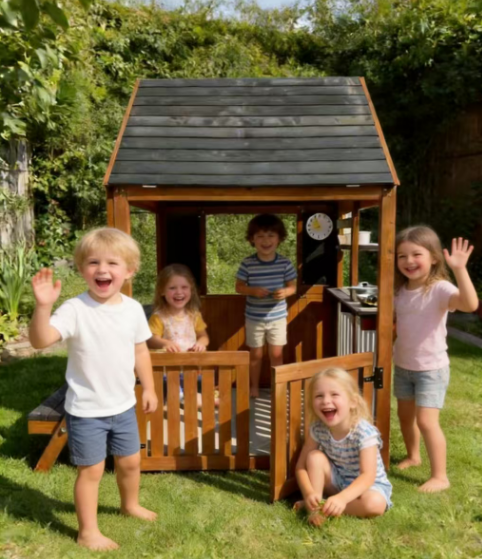Funphix Cedar Kids Playhouse Kitchen with Picnic Bench, view 6
