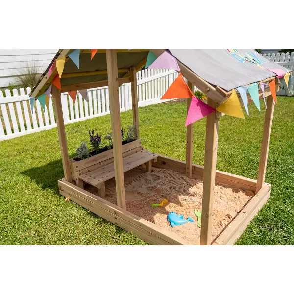 Funphix Dig n’ Play Wooden Sandbox Playhouse with Bench & Flower Planter, Outdoor Sand Pit for Kids, view 2