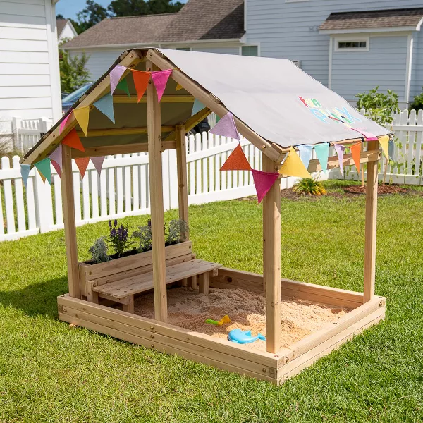 Funphix Dig n’ Play Wooden Sandbox Playhouse with Bench & Flower Planter, Outdoor Sand Pit for Kids, view 3