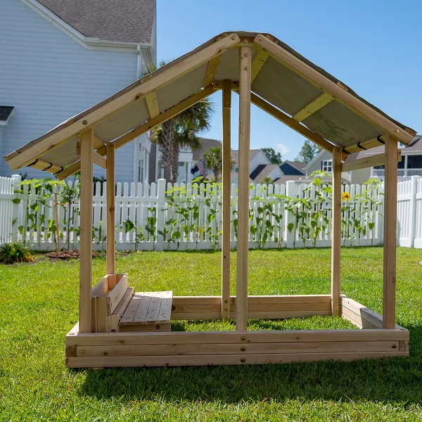 Funphix Dig n’ Play Wooden Sandbox Playhouse with Bench & Flower Planter, Outdoor Sand Pit for Kids, view 4