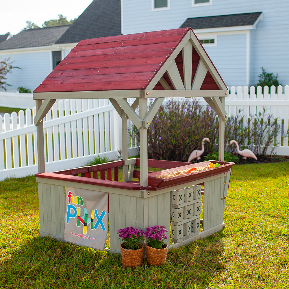 Funphix Hangout Hut, Kids Outdoor Wooden Playhouse with Sandbox & Tic Tac Toe