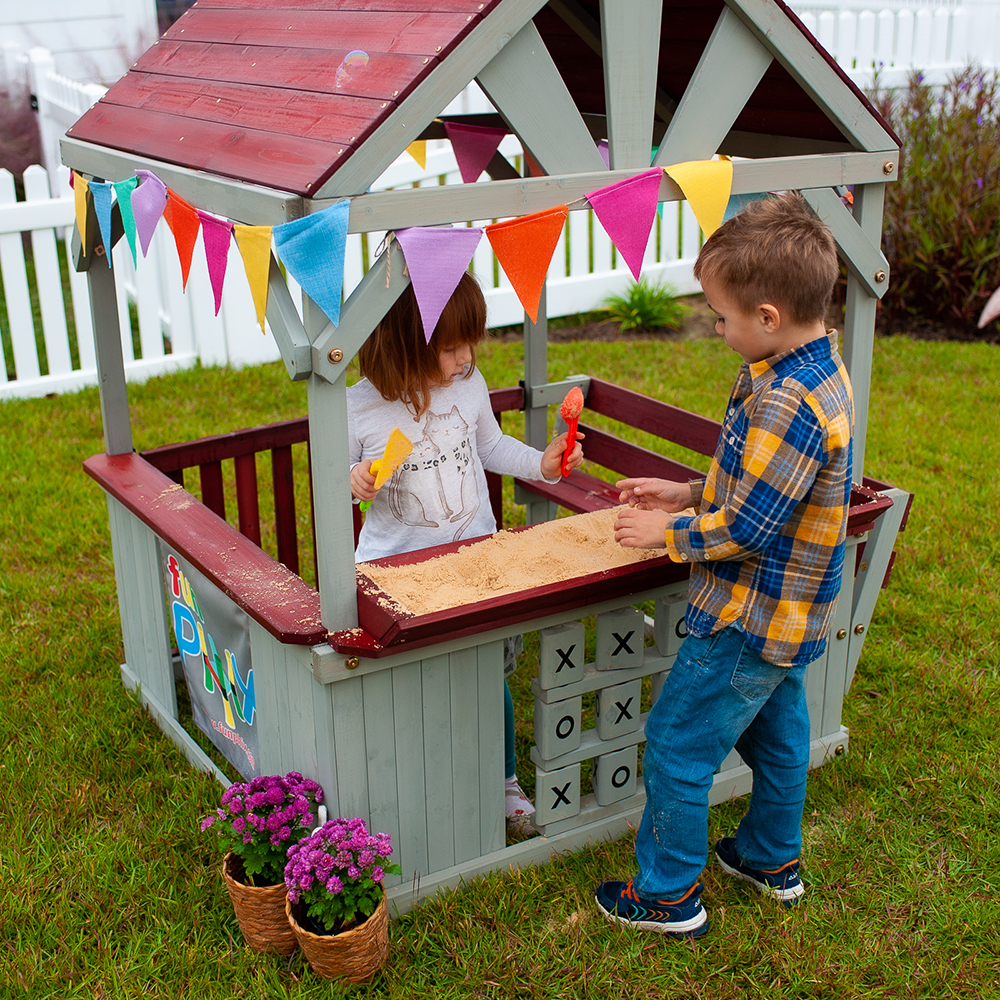 Funphix Hangout Hut, Kids Outdoor Wooden Playhouse with Sandbox & Tic Tac Toe, view 2