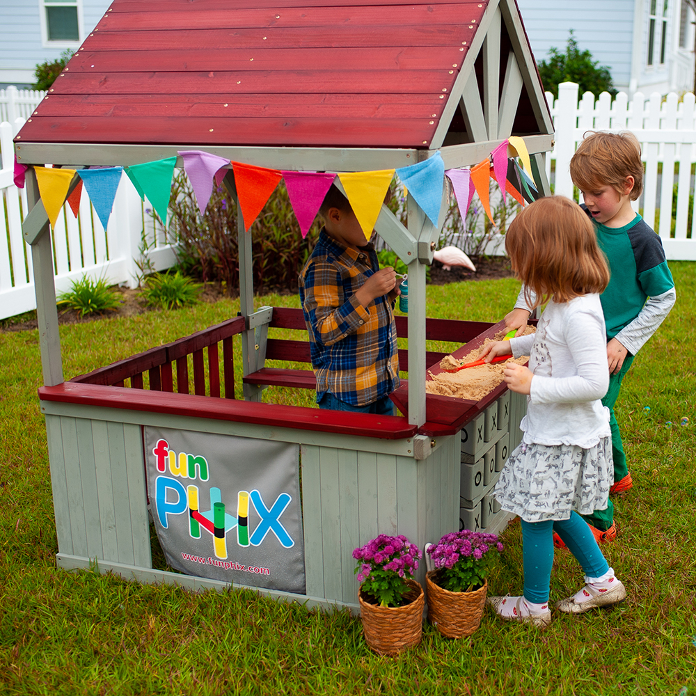 Funphix Hangout Hut, Kids Outdoor Wooden Playhouse with Sandbox & Tic Tac Toe, view 3