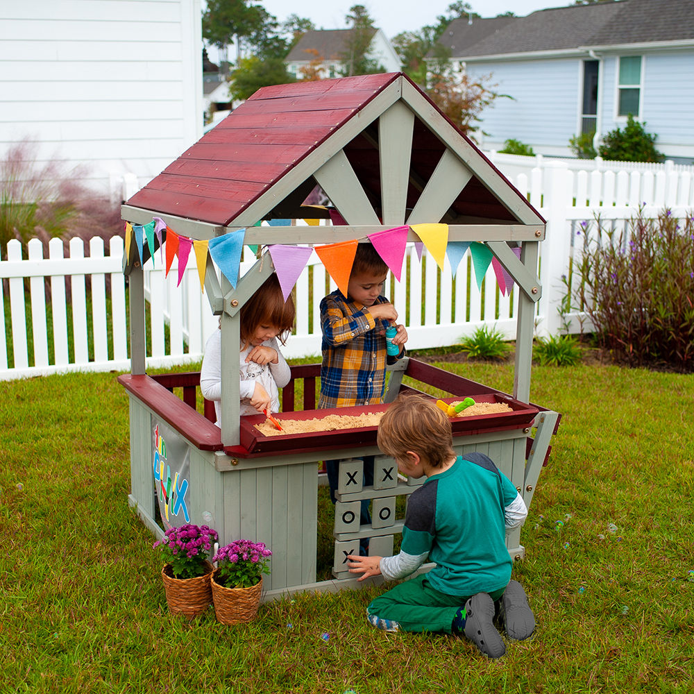 Funphix Hangout Hut, Kids Outdoor Wooden Playhouse with Sandbox & Tic Tac Toe, view 4