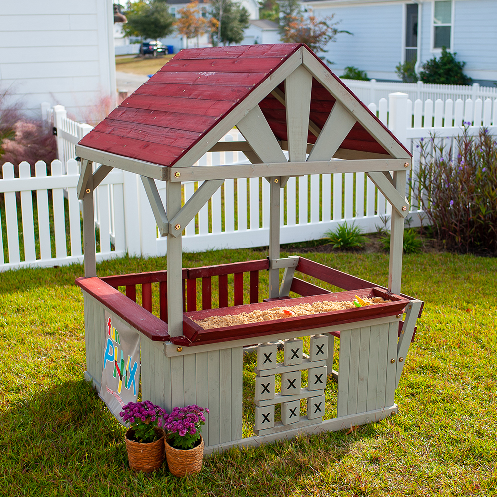 Funphix Hangout Hut, Kids Outdoor Wooden Playhouse with Sandbox & Tic Tac Toe, view 5
