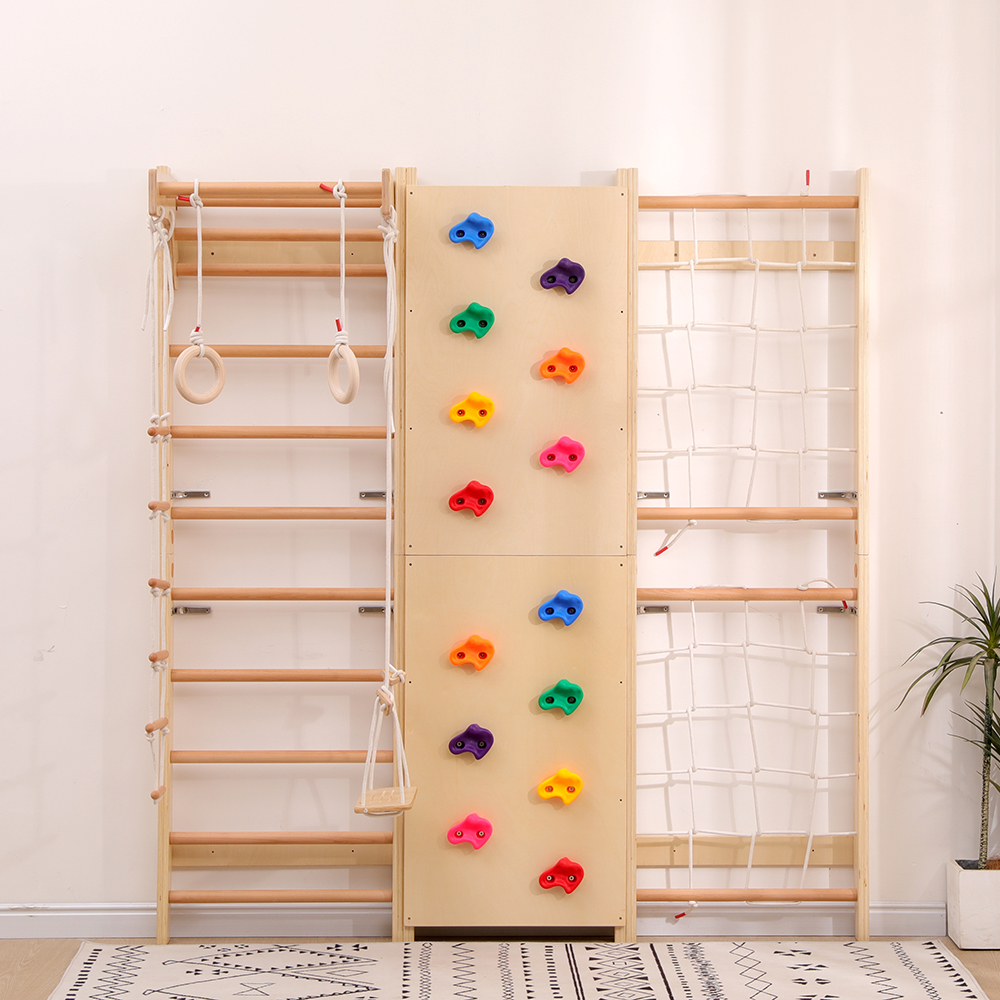 Funphix Kids Indoor Swedish Ladder Space-Saving Wall Playground Playset; All-In-One Play Gym – Rock Climbing Wall, Pull-Up Bar, Swing, Rope Climber and Wooden Ladder and Swing Set for Kids