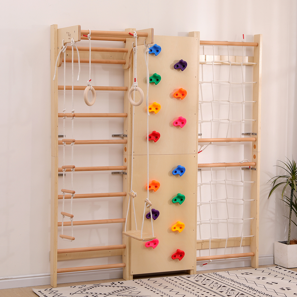 Funphix Kids Indoor Swedish Ladder Space-Saving Wall Playground Playset; All-In-One Play Gym – Rock Climbing Wall, Pull-Up Bar, Swing, Rope Climber and Wooden Ladder and Swing Set for Kids, view 2