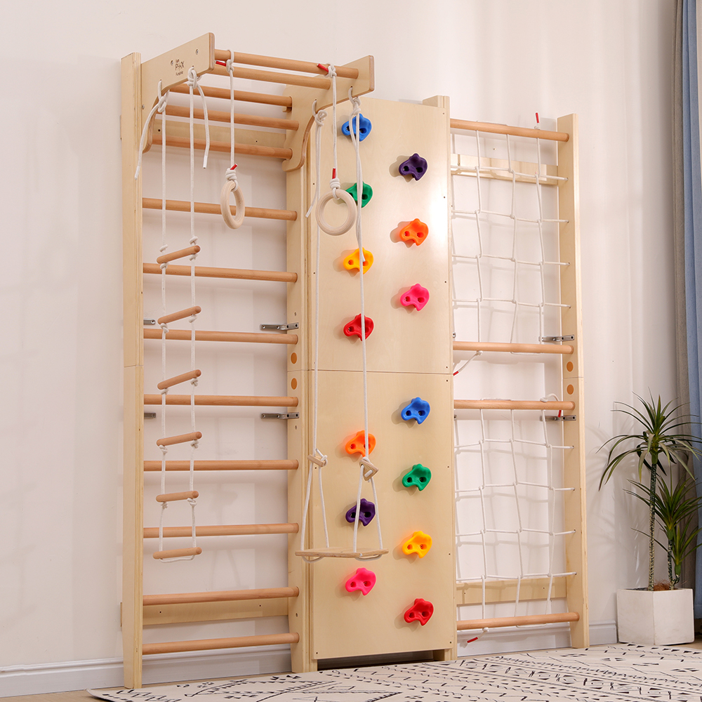 Funphix Kids Indoor Swedish Ladder Space-Saving Wall Playground Playset; All-In-One Play Gym – Rock Climbing Wall, Pull-Up Bar, Swing, Rope Climber and Wooden Ladder and Swing Set for Kids, view 3