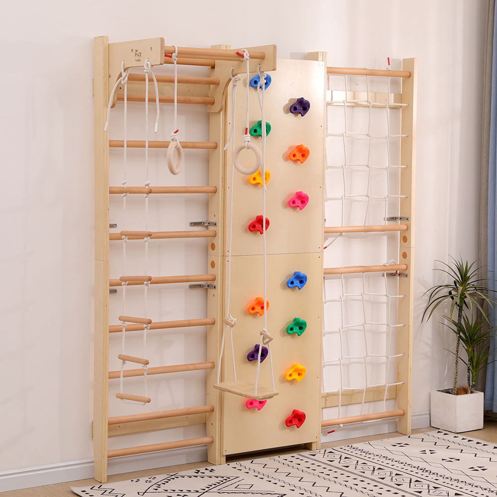 Funphix Kids Indoor Swedish Ladder Space-Saving Wall Playground Playset; All-In-One Play Gym – Rock Climbing Wall, Pull-Up Bar, Swing, Rope Climber and Wooden Ladder and Swing Set for Kids, view 4