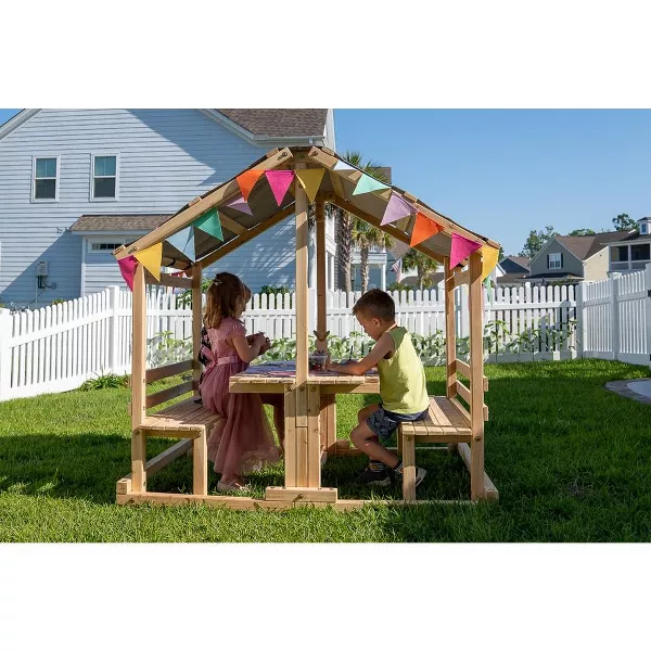 Funphix Kids Klubhouse Wooden Playhouse Outdoor Indoor, DIY Backyard Playhouse with Table & Benches, view 2