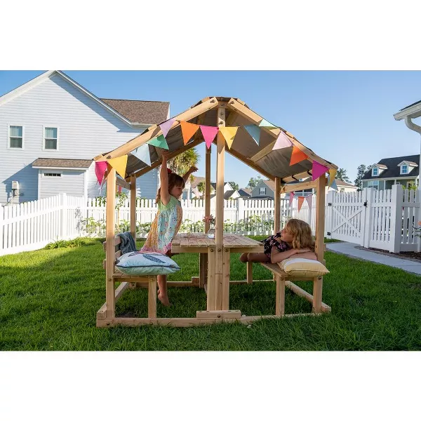 Funphix Kids Klubhouse Wooden Playhouse Outdoor Indoor, DIY Backyard Playhouse with Table & Benches, view 3