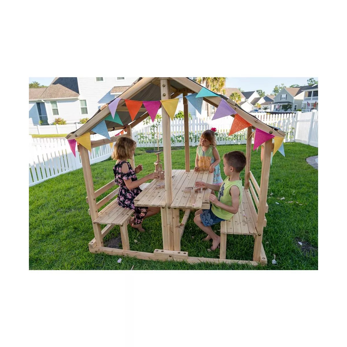 Funphix Kids Klubhouse Wooden Playhouse Outdoor Indoor, DIY Backyard Playhouse with Table & Benches, view 4
