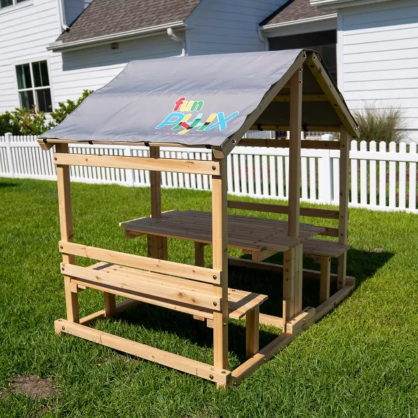 Funphix Kids Klubhouse Wooden Playhouse Outdoor Indoor, DIY Backyard Playhouse with Table & Benches, view 5