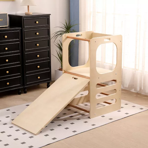 Funphix Kids Step Stool Learning Helper Tower Kitchen Stool with Chalkboard and Slide, view 5