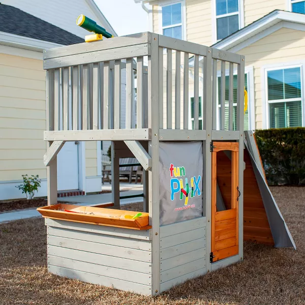 Funphix Lookout Post Outdoor Wooden Playhouse, Buildable Kids Backyard Playset with Climbing Ramp, view 3