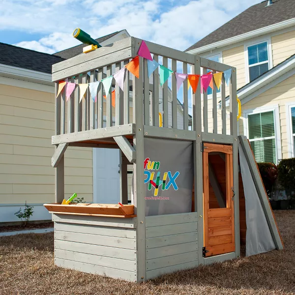 Funphix Lookout Post Outdoor Wooden Playhouse, Buildable Kids Backyard Playset with Climbing Ramp, view 4