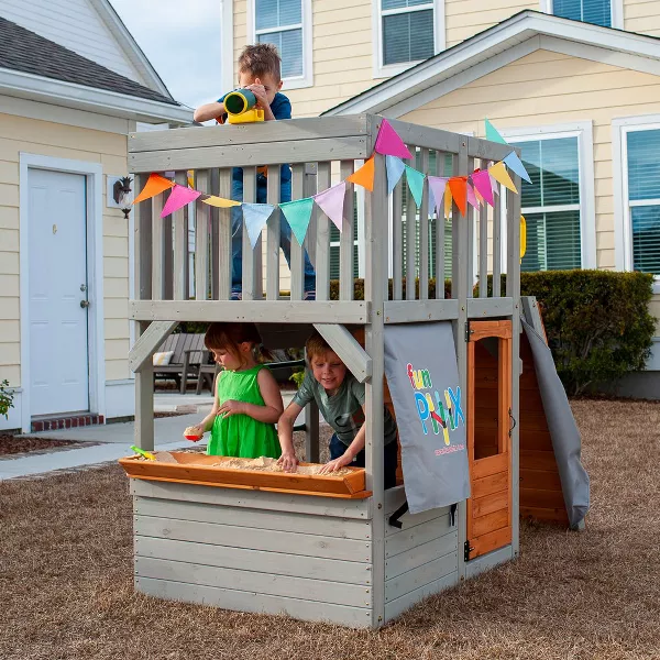 Funphix Lookout Post Outdoor Wooden Playhouse, Buildable Kids Backyard Playset with Climbing Ramp, view 5