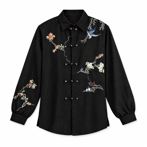 Galartsy Bird & Blossom Embroidered Mandarin Shirt