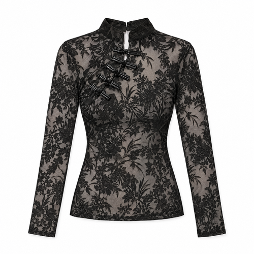 Galartsy Black Lace Sheer Turtleneck Top